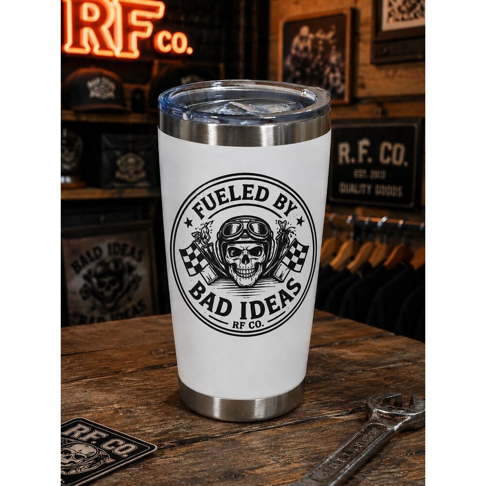 Fueled By Bad Ideas 20oz White Tumbler RF CO. Skull Shop Mechani Cup Hot/Cold